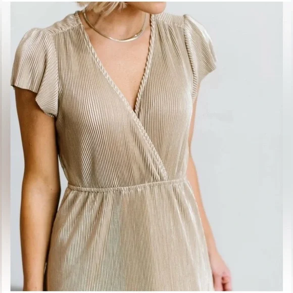 NWOT Baltic Born Athena Dress full length gold beige pleated Small - Picture 2 of 5